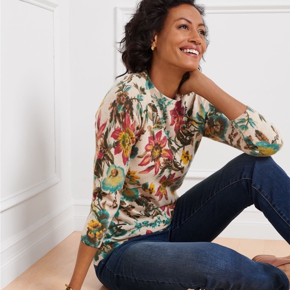 Talbots Audrey Splendid Floral 100% Cashmere Sweater 3/4 Sleeve Size Medium NWT - Picture 12 of 12